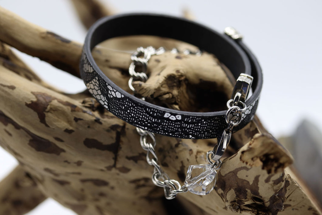 Bracelet cuir noir double tours et cristal - BRCU09