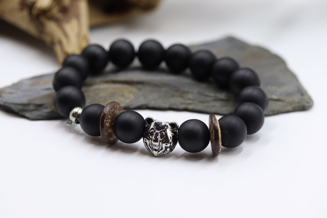 Bracelet homme semi-précieuses et tête de lion- HBP049